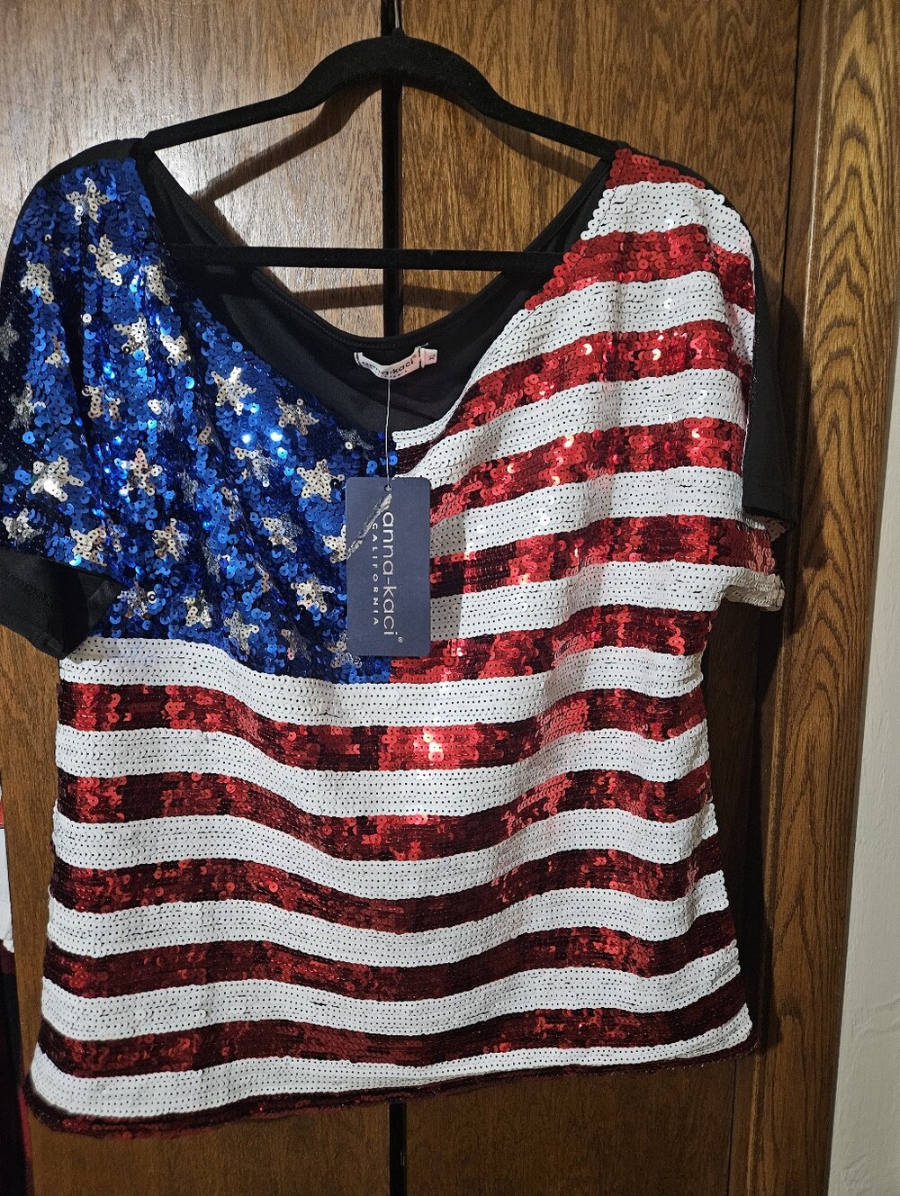 Anna-Kaci Women's Sequin American Flag Short Sleeve Top - Red, White & Blue